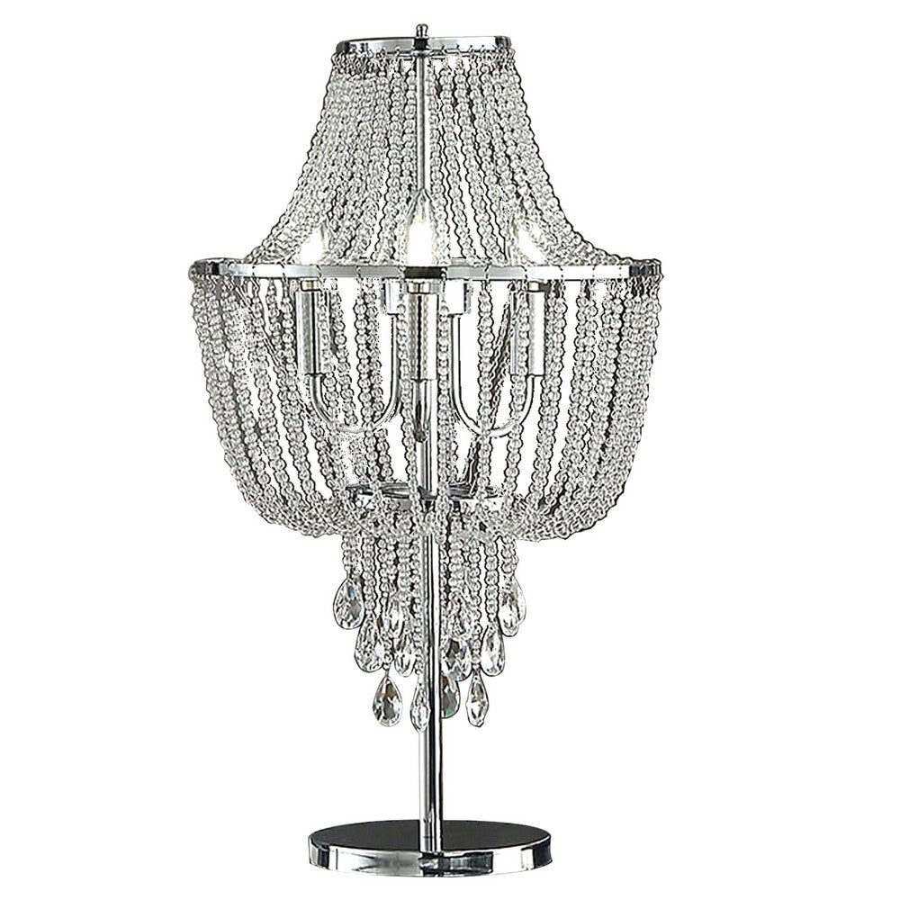 Cara 27 Inch Table Lamp, Hanging Drop Design, Crystal and Metal, Chrome - BM308932