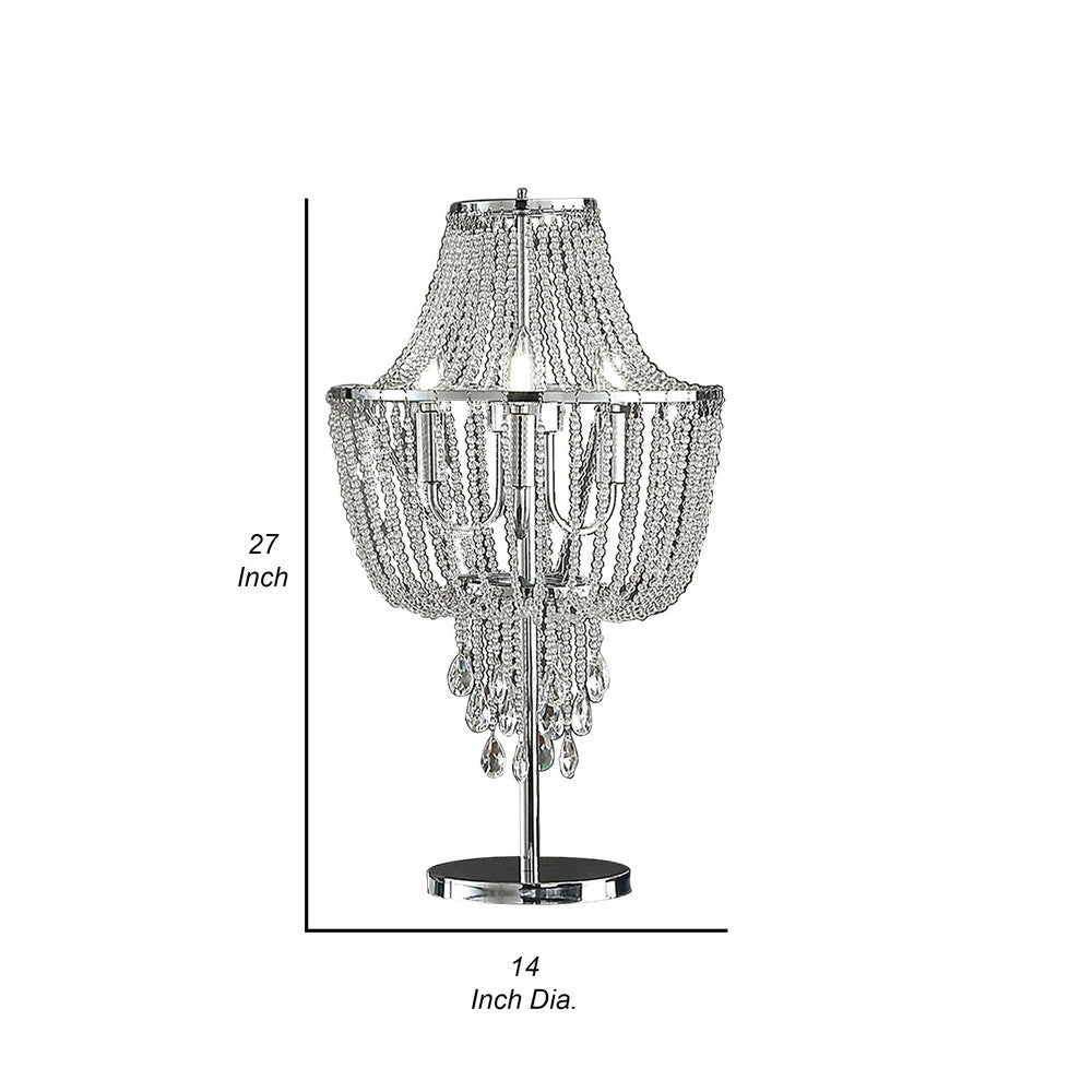 Cara 27 Inch Table Lamp, Hanging Drop Design, Crystal and Metal, Chrome - BM308932