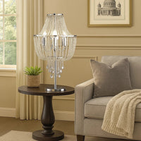 Cara 27 Inch Table Lamp, Hanging Drop Design, Crystal and Metal, Chrome - BM308932