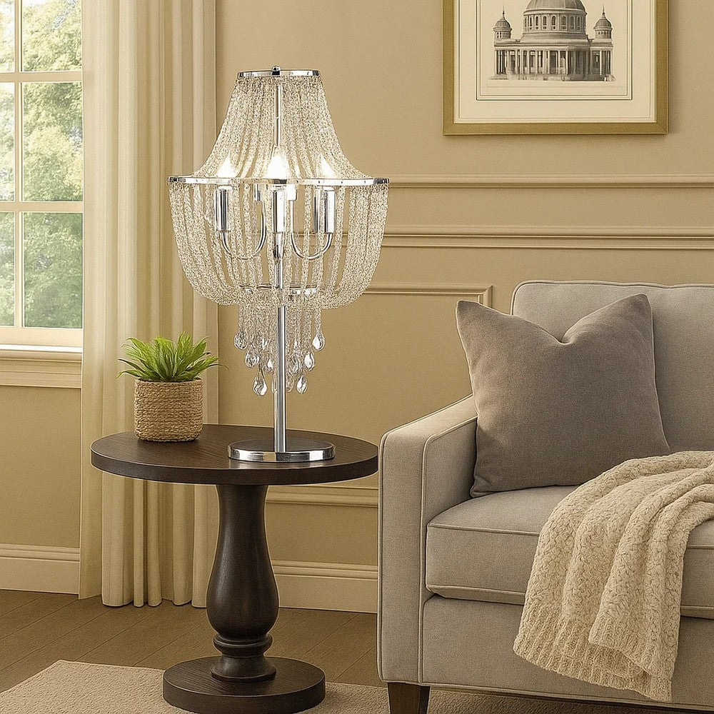 Cara 27 Inch Table Lamp, Hanging Drop Design, Crystal and Metal, Chrome - BM308932