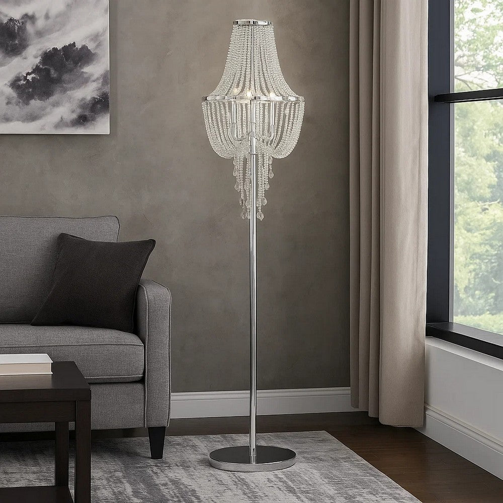 Cara 62 Inch Floor Lamp, Hanging Drop Design, Crystal and Metal, Chrome - BM308933