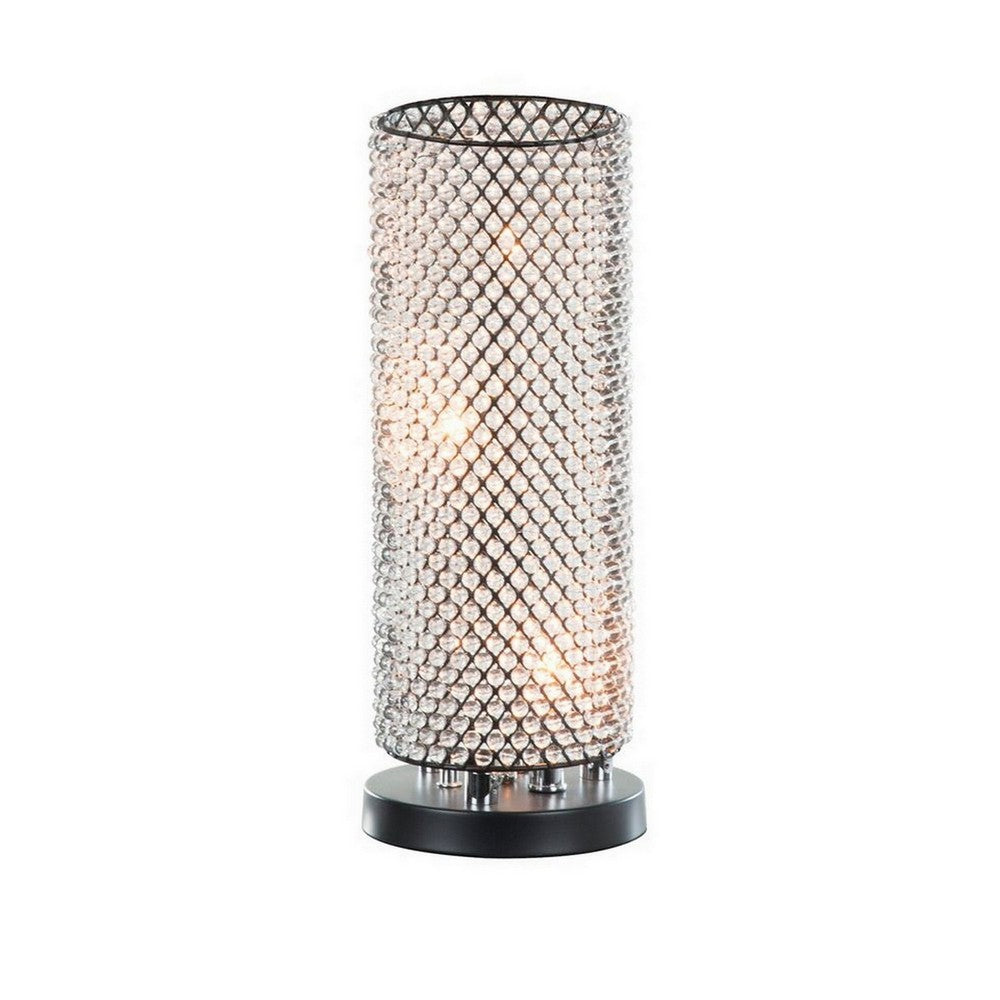 16 Inch Table Lamp, Crystal Cylinder Shade, Metal Mesh, Antique Bronze - BM308934