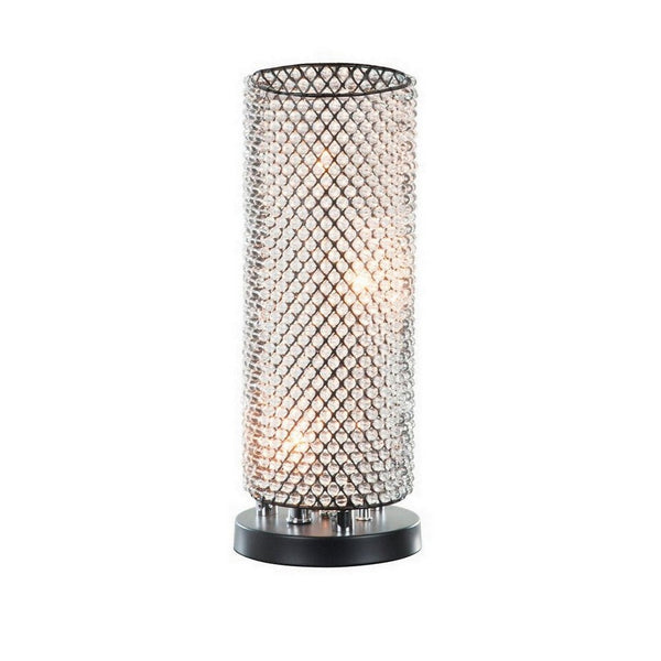 16 Inch Table Lamp, Crystal Cylinder Shade, Metal Mesh, Antique Bronze - BM308934
