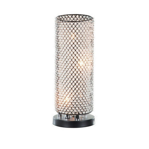 16 Inch Table Lamp, Crystal Cylinder Shade, Metal Mesh, Antique Bronze - BM308934