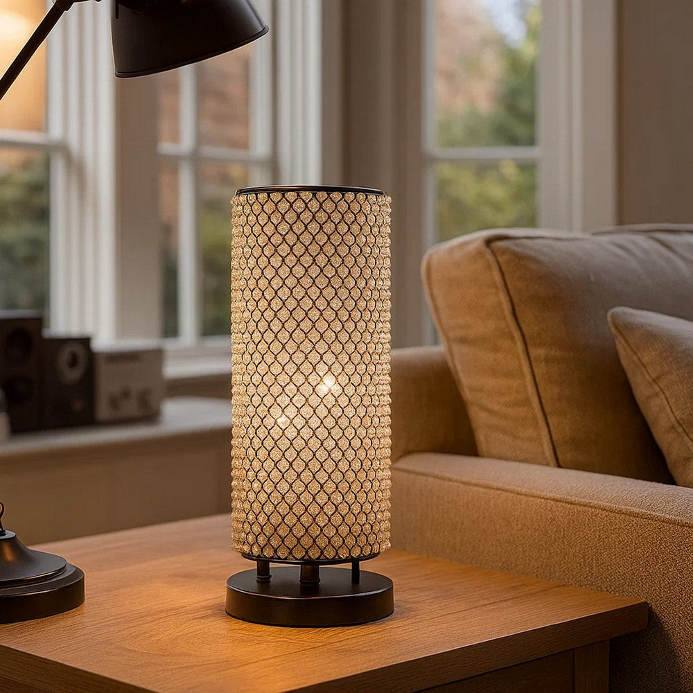 16 Inch Table Lamp, Crystal Cylinder Shade, Metal Mesh, Antique Bronze - BM308934