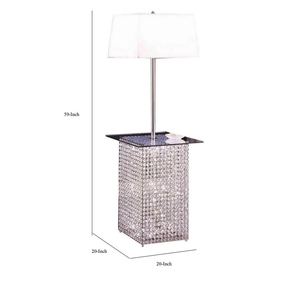 59 Inch Floor Lamp with Glass Tabletop, Crystal Stand, Metal, Clear - BM308935