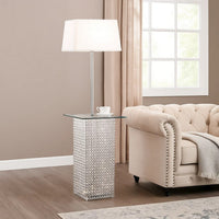 59 Inch Floor Lamp with Glass Tabletop, Crystal Stand, Metal, Clear - BM308935