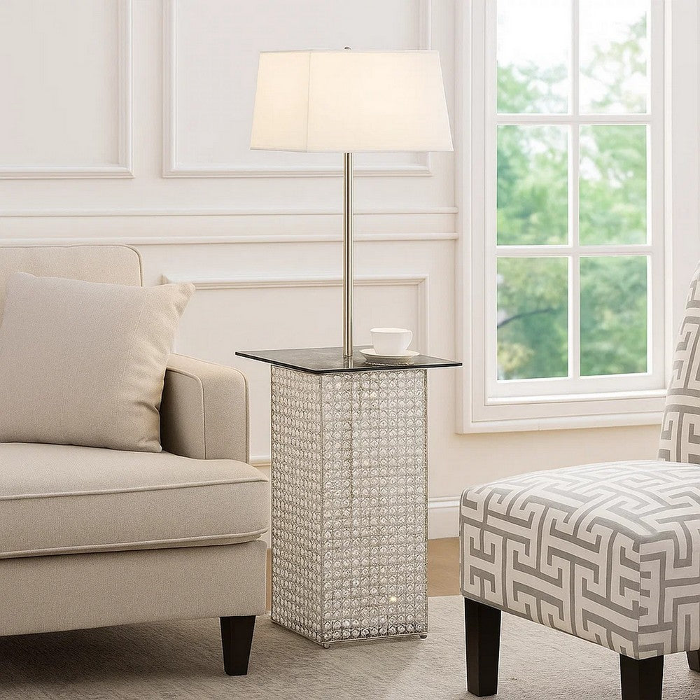 59 Inch Floor Lamp with Glass Tabletop, Crystal Stand, Metal, Clear - BM308935