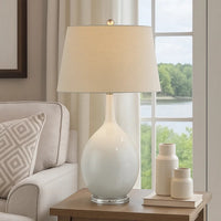 32 Inch Table Lamp, Empire Shade, Ceramic Stand, Crackle White Finish - BM308937