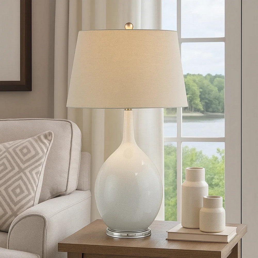 32 Inch Table Lamp, Empire Shade, Ceramic Stand, Crackle White Finish - BM308937