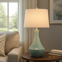 28 Inch Table Lamp with Clean Lines, Empire Shade, Ceramic, Teal Blue - BM308938
