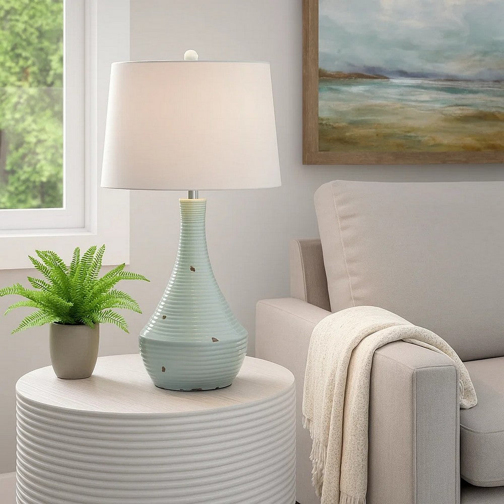 28 Inch Table Lamp with Clean Lines, Empire Shade, Ceramic, Teal Blue - BM308938