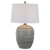 28 Inch Table Lamp, Lined Design, Empire Shade, Ceramic, Beige Taupe  - BM308939