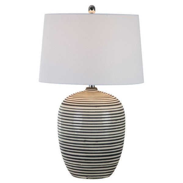 28 Inch Table Lamp, Lined Design, Empire Shade, Ceramic, Beige Taupe  - BM308939