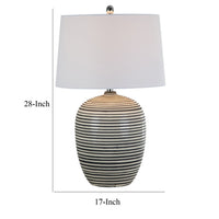 28 Inch Table Lamp, Lined Design, Empire Shade, Ceramic, Beige Taupe  - BM308939