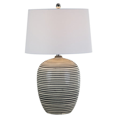 28 Inch Table Lamp, Lined Design, Empire Shade, Ceramic, Beige Taupe  - BM308939