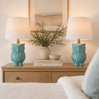 18 Inch Table Lamp with Owl Stand, Set of 2, Ceramic, Aqua Haze Finish - BM308941