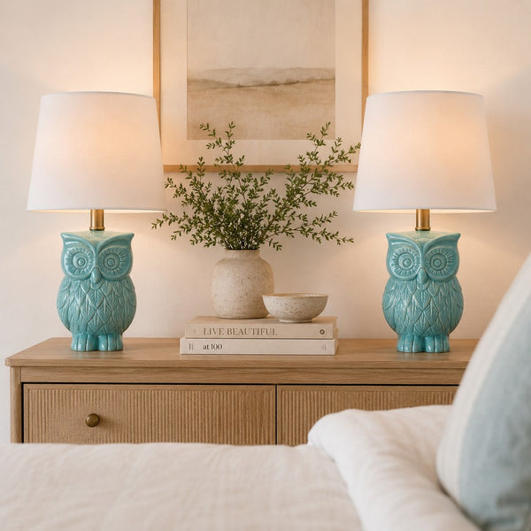 18 Inch Table Lamp with Owl Stand, Set of 2, Ceramic, Aqua Haze Finish - BM308941