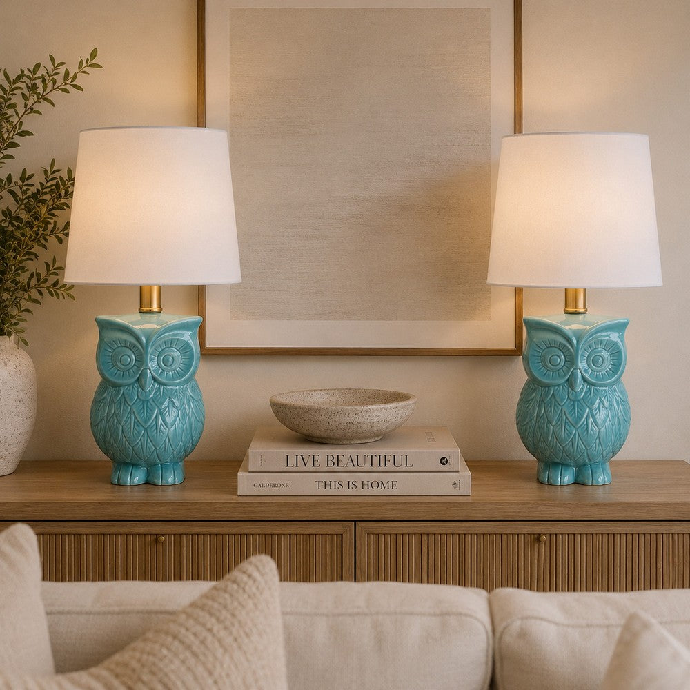 18 Inch Table Lamp with Owl Stand, Set of 2, Ceramic, Aqua Haze Finish - BM308941