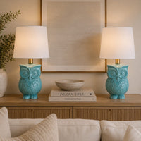 18 Inch Table Lamp with Owl Stand, Set of 2, Ceramic, Aqua Haze Finish - BM308941