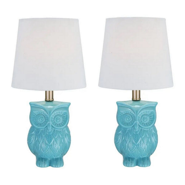 18 Inch Table Lamp with Owl Stand, Set of 2, Ceramic, Aqua Haze Finish - BM308941