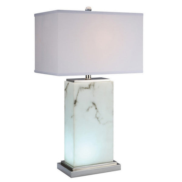 29 Inch Table Lamp, White Marble Stand, Rectangular Shade, Metal Base - BM308945