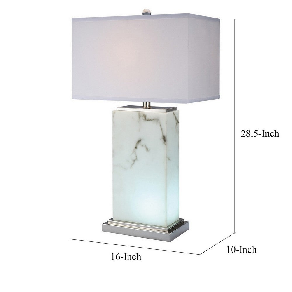 29 Inch Table Lamp, White Marble Stand, Rectangular Shade, Metal Base - BM308945