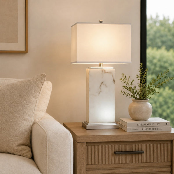 29 Inch Table Lamp, White Marble Stand, Rectangular Shade, Metal Base - BM308945