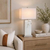 29 Inch Table Lamp, White Marble Stand, Rectangular Shade, Metal Base - BM308945
