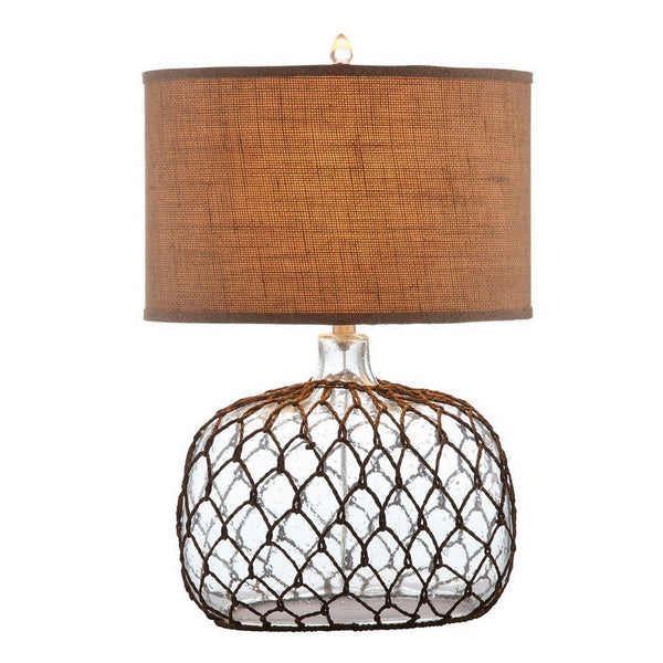 24 Inch Table Lamp with Netted Twine Base, Set of 2, Glass, Brown and Clear - BM308946