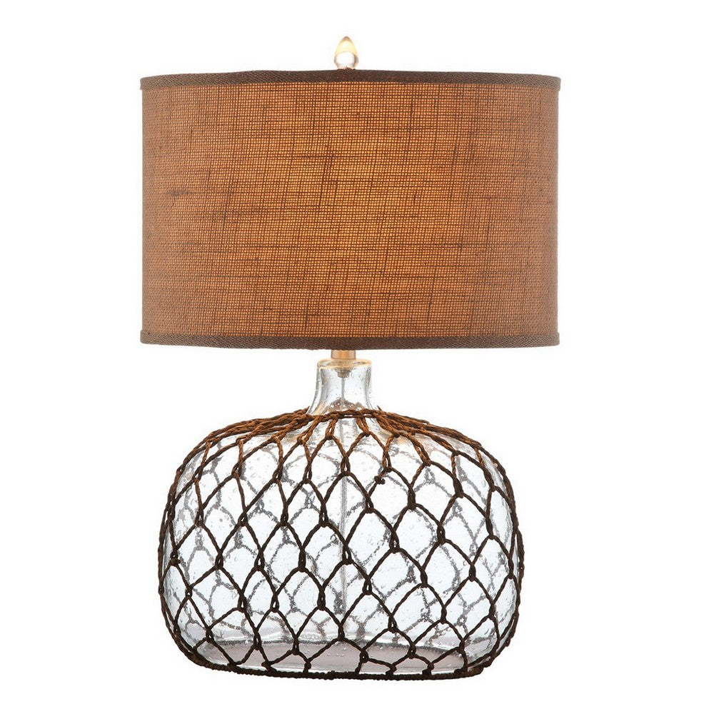 24 Inch Table Lamp with Netted Twine Base, Set of 2, Glass, Brown and Clear - BM308946