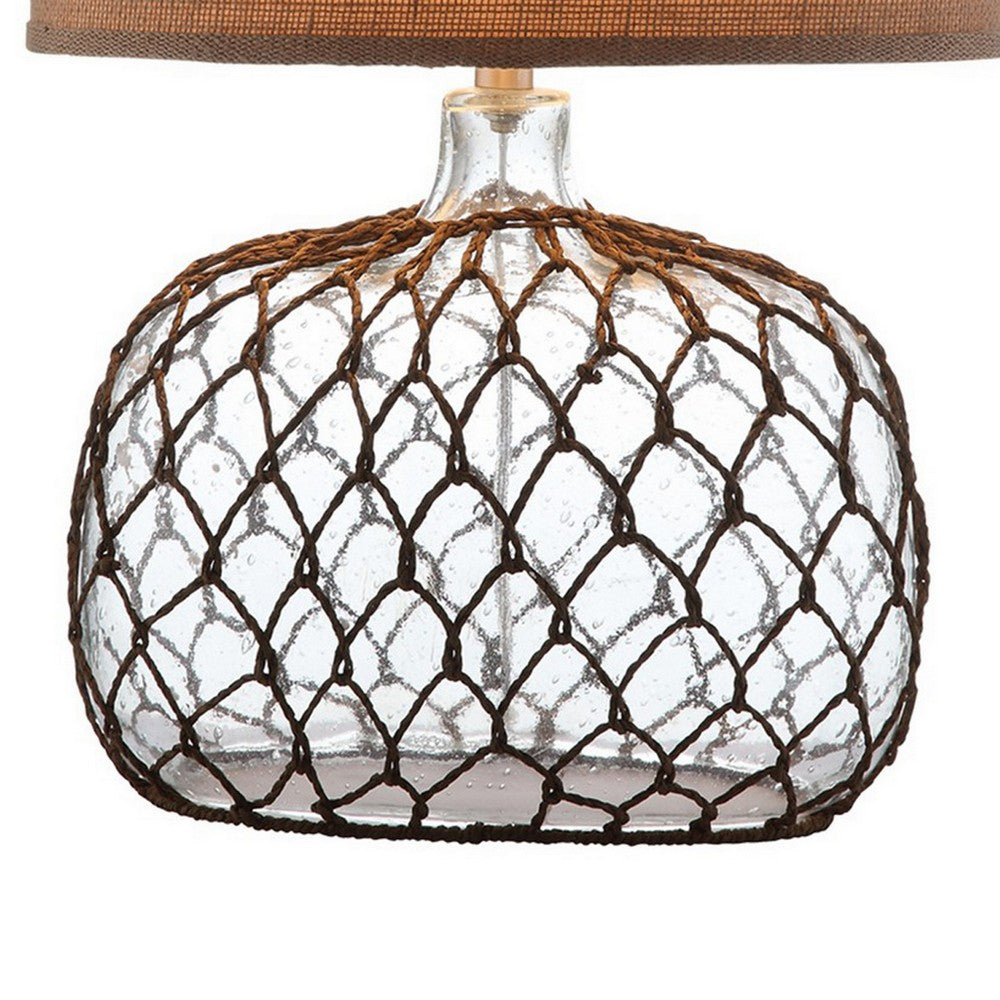 24 Inch Table Lamp with Netted Twine Base, Set of 2, Glass, Brown and Clear - BM308946