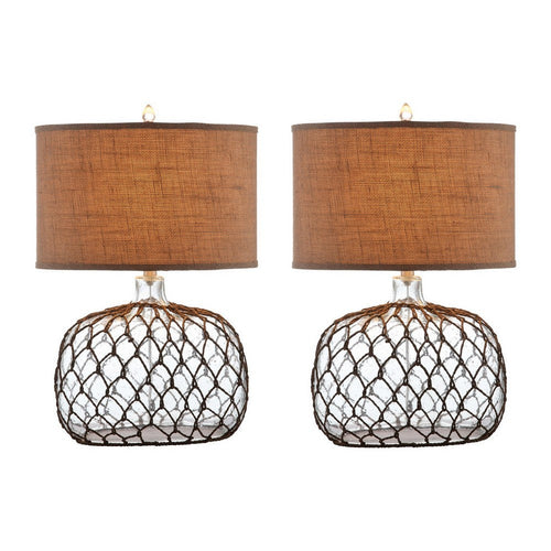 24 Inch Table Lamp with Netted Twine Base, Set of 2, Glass, Brown and Clear - BM308946