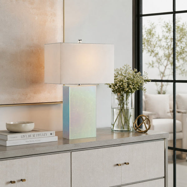 26 Inch Table Lamp, Rectangular Stand, Set of 2, Glass, Multitone White - BM308950