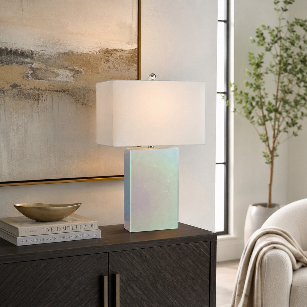 26 Inch Table Lamp, Rectangular Stand, Set of 2, Glass, Multitone White - BM308950