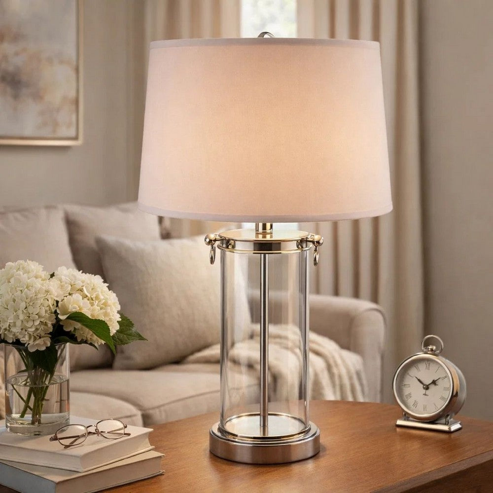 Axie 28 Inch Table Lamp, Glass Stand, Empire Shade, Metal, Nickel Finish - BM308953