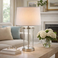 Axie 28 Inch Table Lamp, Glass Stand, Empire Shade, Metal, Nickel Finish - BM308953