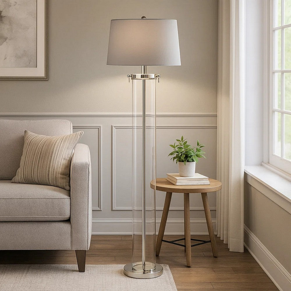 Axie 60 Inch Floor Lamp, Clear Glass Stand, Empire Shade, Metal, Nickel - BM308954