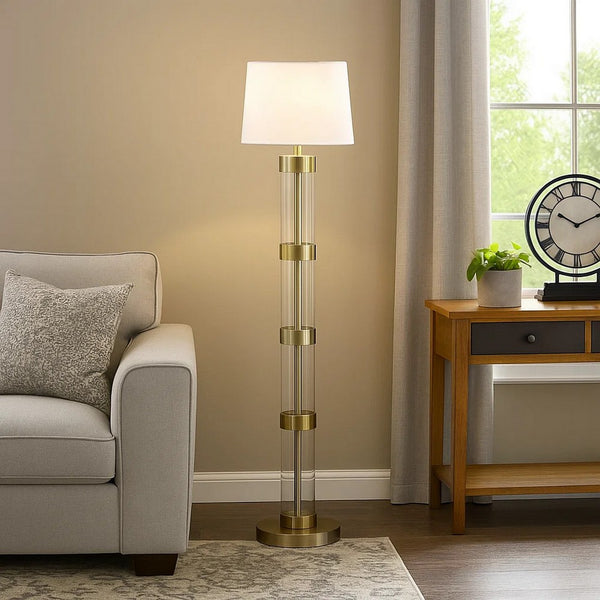 Kria 60 Inch Floor Lamp, Clear Glass Stand, Metal Bands, Antique Brass - BM308961