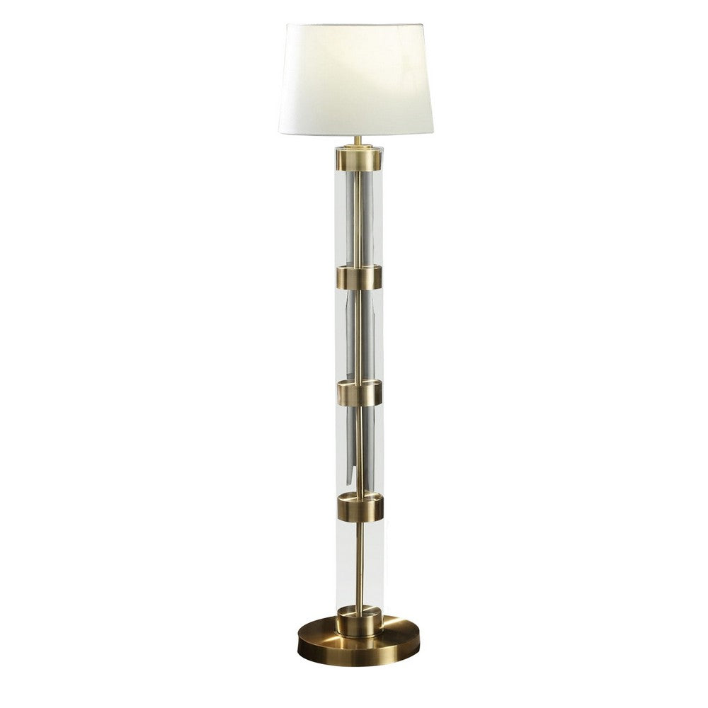 Kria 60 Inch Floor Lamp, Clear Glass Stand, Metal Bands, Antique Brass - BM308961