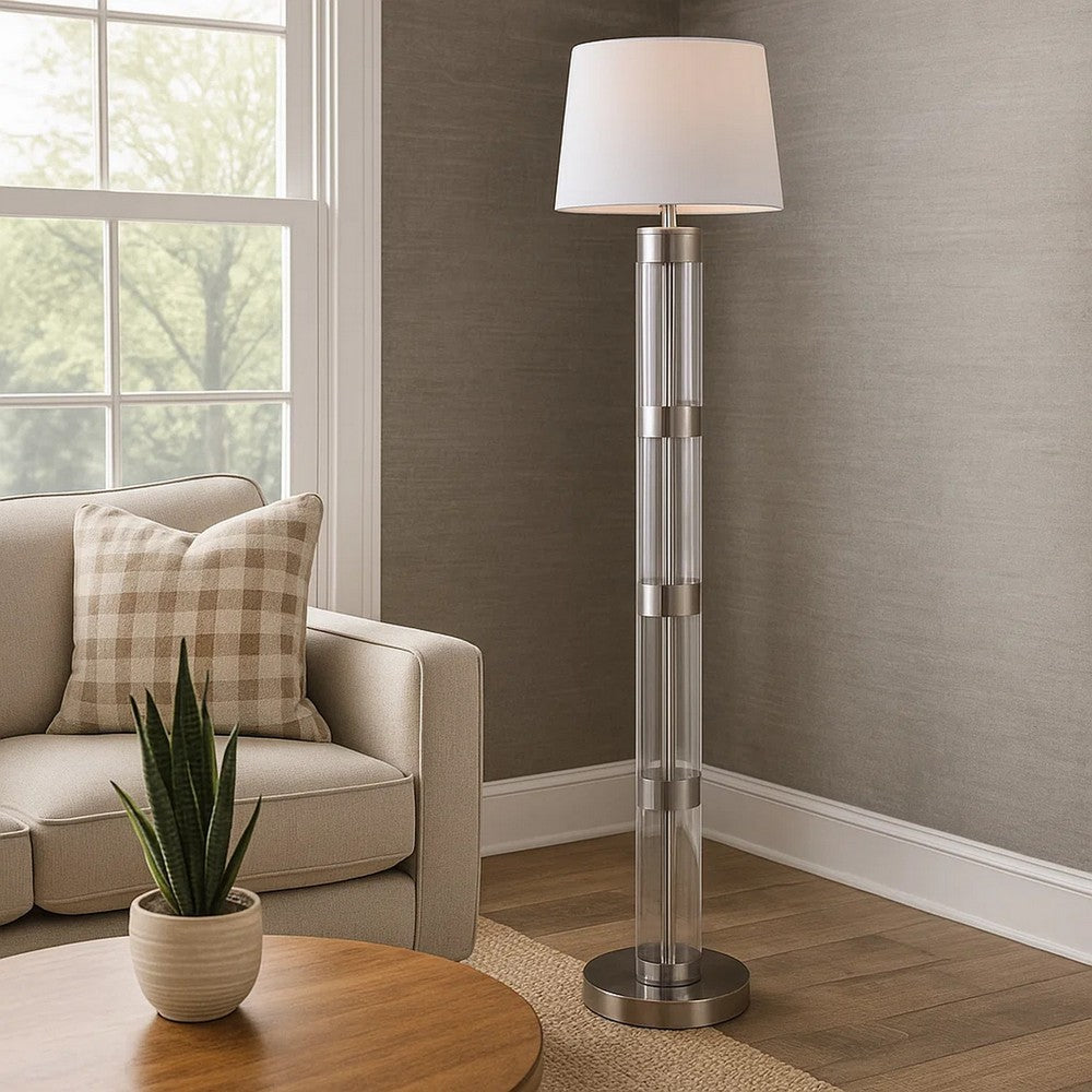 Kria 60 Inch Floor Lamp, Clear Glass Stand, Metal Bands, Satin Nickel - BM308962
