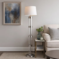 Kria 60 Inch Floor Lamp, Clear Glass Stand, Metal Bands, Satin Nickel - BM308962