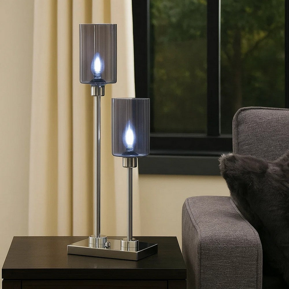 29 Inch Table Lamp with Dual Gray Shade, Glass and Metal, Nickel Finish - BM308963