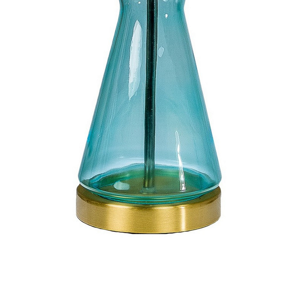 Elma 24 Inch Table Lamp Set of 2, Hourglass Stand, Gold Trim, Glass, Blue - BM308966