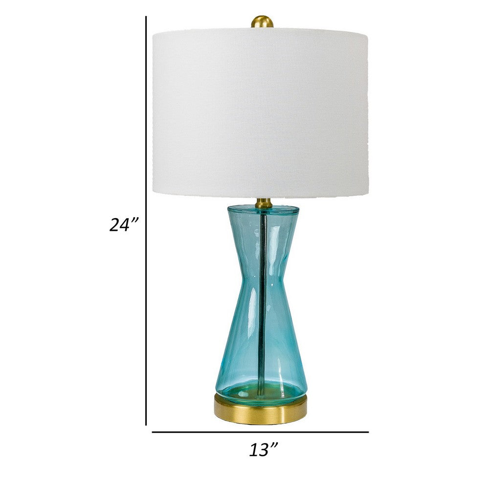 Elma 24 Inch Table Lamp Set of 2, Hourglass Stand, Gold Trim, Glass, Blue - BM308966