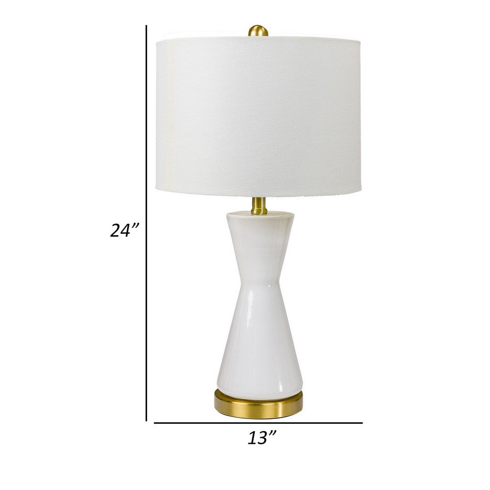 Elma 24 Inch Table Lamp Set of 2, Hourglass Stand, Gold Trim, Glass, White - BM308967
