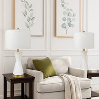 Elma 24 Inch Table Lamp Set of 2, Hourglass Stand, Gold Trim, Glass, White - BM308967