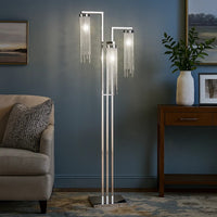 61 Inch Floor Lamp, 3 Crystal Cascade Style Shade, Chrome Finished Metal - BM308968