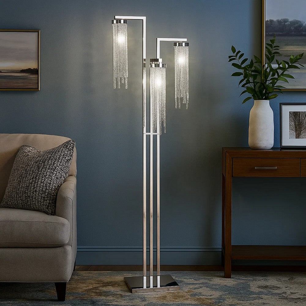 61 Inch Floor Lamp, 3 Crystal Cascade Style Shade, Chrome Finished Metal - BM308968