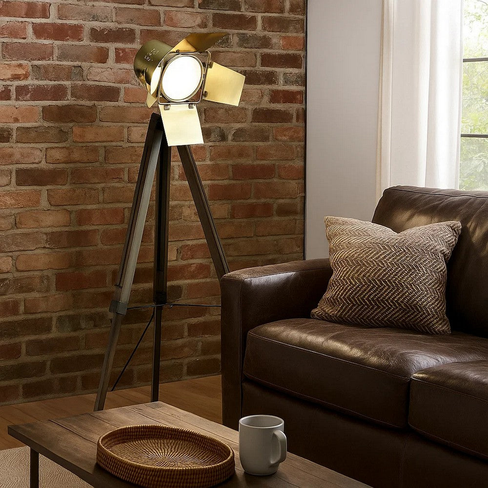 55 Inch Floor Lamp with Tripod Legs, Spotlight Design, Wood, Black Finish - BM308969